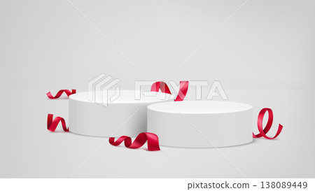 Bright room with podium and red ribbons. Vector 3d illustration Bright room with podium and red ribbons. Vector 3d illustration 138089449