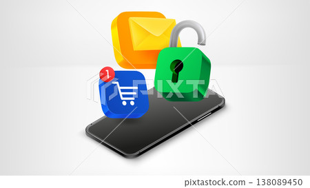 Mobile application buttons with modern smartphone. 3d vector illustration 138089450