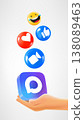 Hand holding media app icon and reaction icons falling down. 3d vector illustration 138089463