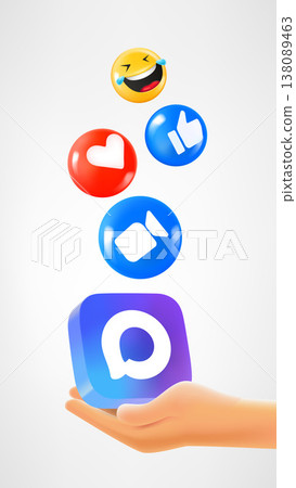 Hand holding media app icon and reaction icons falling down. 3d vector illustration Hand holding media app icon and reaction icons falling down. 3d vector illustration 138089463