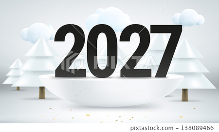 Happy new 2027 year greeting card. Composition with digits, podium and pines with snow. 3d vector illustration 138089466