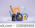 Modern digital photo camera with different travel sights. 3d vector illustration 138089468