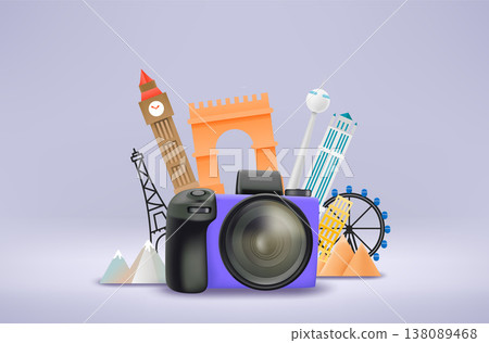 Modern digital photo camera with different travel sights. 3d vector illustration Modern digital photo camera with different travel sights. 3d vector illustration 138089468