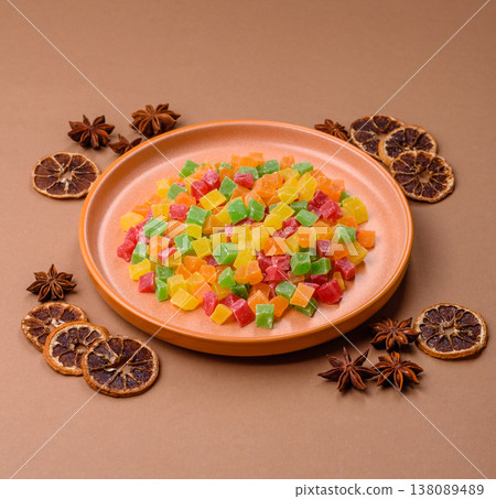 Candied fruit in colorful cubes as an ingredient for baked goods and sweets. Candied fruit 138089489
