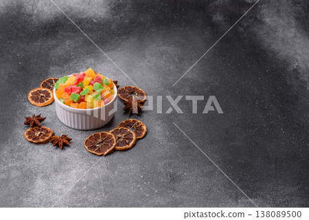 Candied fruit in colorful cubes as an ingredient for baked goods and sweets. Candied fruit 138089500
