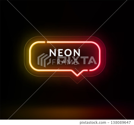 Gradient neon speech bubble in dark room with reflective floor, illuminated chat icon with vibrant yellow red light Gradient neon speech bubble in dark room with reflective floor, illuminated chat icon with vibrant yellow red light 138089647
