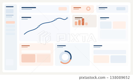 Abstract UI dashboard background with floating cards, analytics panels, sidebar layout, and soft modern interface blocks for web design use today now. 138089652