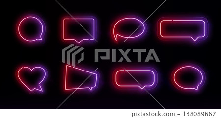 Neon speech bubble set with red purple gradient in black background. Illuminated chat icon with vibrant light. Futuristic glowing message frame effect. Neon speech bubble set with red purple gradient in black background. Illuminated chat icon with vibrant light. Futuristic glowing message frame effect. 138089667