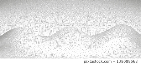 Abstract monochrome grain dotted pattern forming a landscape of wave hills. Halftone noise terrain texture. Black and white background with sense of depth. Abstract monochrome grain dotted pattern forming a landscape of wave hills. Halftone noise terrain texture. Black and white background with sense of depth. 138089668