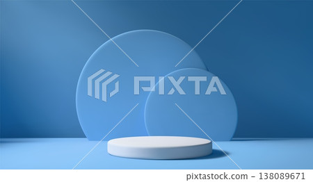 Blue studio with elegant white podium and natural light. Modern 3D stage for product showcase. Clean minimalist space for displaying item on stand. Blue studio with elegant white podium and natural light. Modern 3D stage for product showcase. Clean minimalist space for displaying item on stand. 138089671