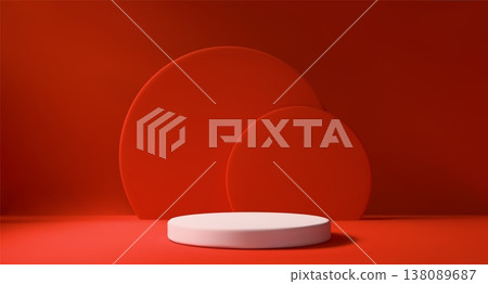 Red room with white podium and natural light. Vector realistic 3D scene for product showcase. Minimalist space for displaying item on stand. Red room with white podium and natural light. Vector realistic 3D scene for product showcase. Minimalist space for displaying item on stand. 138089687