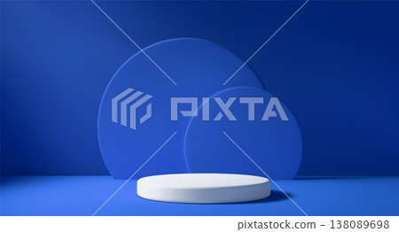 Blue studio with elegant white podium and natural light. Modern 3D stage for product showcase. Clean minimalist space for displaying item on stand. 138089698