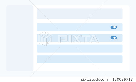 Settings dashboard background with category rail, preference blocks, toggle rows and clean admin interface structure for platform control panels 138089718