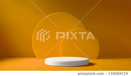 Orange room with white podium and natural light. Vector realistic 3D scene for product showcase. Minimalist space for displaying item on stand. 138089724