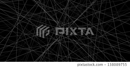 Abstract modern backdrop with asymmetric geometry with chaotic straight white lines create lattice mesh on black background. Random linear chaos design Abstract modern backdrop with asymmetric geometry with chaotic straight white lines create lattice mesh on black background. Random linear chaos design 138089755