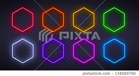 Neon hexagon frame with glowing border in blue, red, and green light. Futuristic geometric badges with led effect for modern digital design Neon hexagon frame with glowing border in blue, red, and green light. Futuristic geometric badges with led effect for modern digital design 138089780