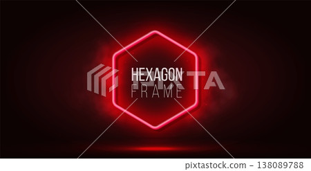 Neon red hexagon frame with smoke on dark background. Illuminated shape icon with vibrant light. Futuristic glowing background. Neon red hexagon frame with smoke on dark background. Illuminated shape icon with vibrant light. Futuristic glowing background. 138089788