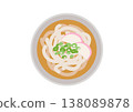 Udon noodles with fish cake and green onions, viewed from above. 138089878