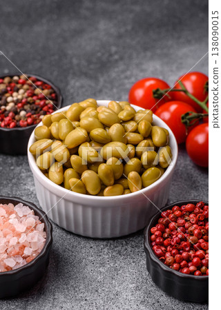 Canned green edamame beans as a healthy vegan ingredient. Edamame beans Canned green edamame beans as a healthy vegan ingredient. Edamame beans 138090015