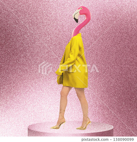 Flamingo head in yellow blazer walking on glitter stage Flamingo head in yellow blazer walking on glitter stage 138090099