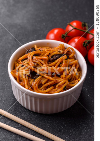 Yakisoba, Asian noodles with vegetables and meat, is a Japanese spicy food. Yakisoba or udon Yakisoba, Asian noodles with vegetables and meat, is a Japanese spicy food. Yakisoba or udon 138090269
