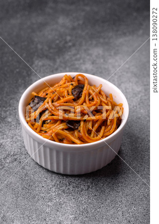 Yakisoba, Asian noodles with vegetables and meat, is a Japanese spicy food. Yakisoba or udon Yakisoba, Asian noodles with vegetables and meat, is a Japanese spicy food. Yakisoba or udon 138090272
