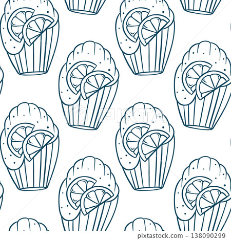 Shell-shaped madeleine with lemon slices and icing drizzle, drawn in Mediterranean blue lines. Fresh citrus French pastry pattern for kitchen textiles or gift wrapping Shell-shaped madeleine with lemon slices and icing drizzle, drawn in Mediterranean blue lines. Fresh citrus French pastry pattern for kitchen textiles or gift wrapping 138090299