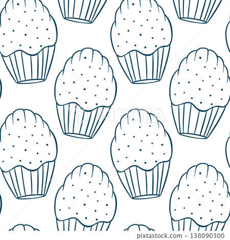 Hand-drawn madeleine pattern in simple Mediterranean blue line. Repeating French pastry vector for textiles or wrapping paper Hand-drawn madeleine pattern in simple Mediterranean blue line. Repeating French pastry vector for textiles or wrapping paper 138090300