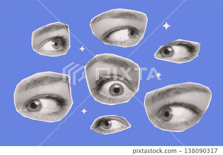 Surreal collage with multiple halftone eyes. Retro pop art vintage newspaper cutouts on blue background with stars. Abstract grunge vision and paranoia concept vector illustration for zine. 138090317