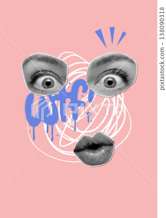 Funny crazy face collage with wtf text. Retro halftone eyes and lips cut out from paper. Vintage punk zine style vector illustration with graffiti spray element for streetwear print or poster. Funny crazy face collage with wtf text. Retro halftone eyes and lips cut out from paper. Vintage punk zine style vector illustration with graffiti spray element for streetwear print or poster. 138090318