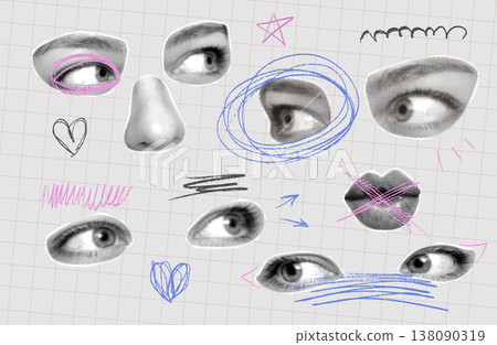 Abstract face anatomy cutout collage set. Retro halftone eyes, nose and lips with childish messy scribbles on grid paper. Vintage punk zine vector elements pack for brutalist graphic design. Abstract face anatomy cutout collage set. Retro halftone eyes, nose and lips with childish messy scribbles on grid paper. Vintage punk zine vector elements pack for brutalist graphic design. 138090319