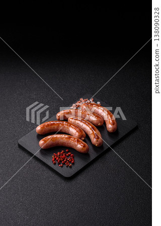 Grilled pork or chicken sausages, smoked fried food with salt and spices. Grilled sausages 138090328