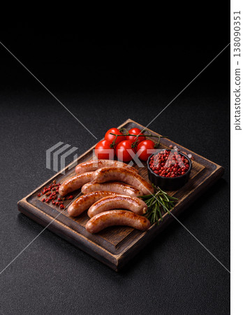 Grilled pork or chicken sausages, smoked fried food with salt and spices. Grilled sausages 138090351