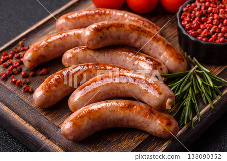 Grilled pork or chicken sausages, smoked fried food with salt and spices. Grilled sausages 138090352