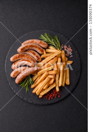Grilled pork or chicken sausages, smoked fried food with salt and spices. Grilled sausages 138090374