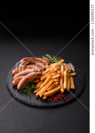 Grilled pork or chicken sausages, smoked fried food with salt and spices. Grilled sausages 138090375