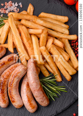 Grilled pork or chicken sausages, smoked fried food with salt and spices. Grilled sausages 138090380