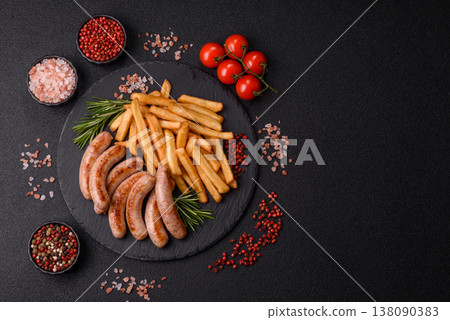 Grilled pork or chicken sausages, smoked fried food with salt and spices. Grilled sausages Grilled pork or chicken sausages, smoked fried food with salt and spices. Grilled sausages 138090383
