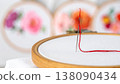 A thin silver needle is moving through bright crimson silk thread and white fabric, showing a detail of the embroidery process. Background features colorful floral designs. 138090434