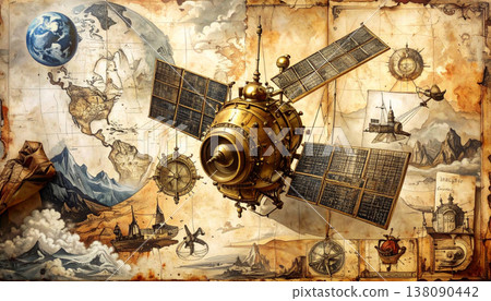 A brass satellite with solar panels orbits in space. The background shows a vintage map of Earth along with illustrations of planets and celestial objects. 138090442