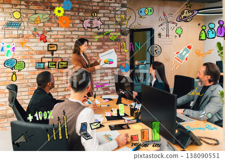 Team discusses project plans and data presentation in a modern office setting during a work meeting 138090551