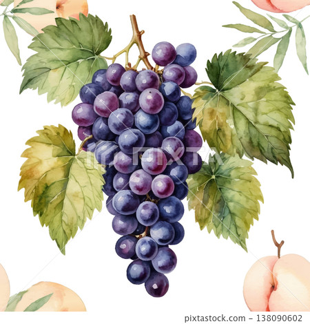 Seamless Watercolor Purple Grapes and Leaves Pattern. 138090602