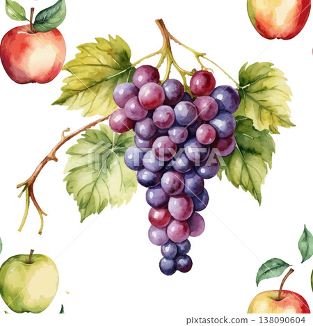 Seamless Watercolor Grapes and Apples Pattern. 138090604