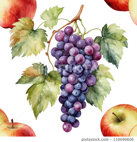 Seamless Watercolor Grapes and Apples Harvest Pattern. 138090606
