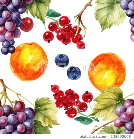 Seamless Watercolor Mixed Fruits and Berries Pattern. 138090608