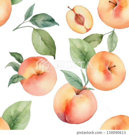 Seamless Watercolor Peaches and Leaves Vector Pattern. 138090613