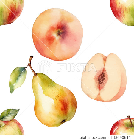 Seamless Watercolor Fruits Pattern: Apple, Peach, Pear. Seamless Watercolor Fruits Pattern: Apple, Peach, Pear. 138090615