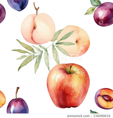 Seamless Watercolor Fruits Pattern: Apple, Peach, Plum. Seamless Watercolor Fruits Pattern: Apple, Peach, Plum. 138090616