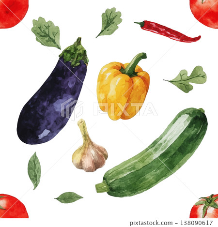 Seamless Watercolor Vegetable Pattern on White Background. Seamless Watercolor Vegetable Pattern on White Background. 138090617