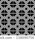 Seamless black and white geometric pattern with concentric diamonds, circles, and intricate cross motifs. 138090756